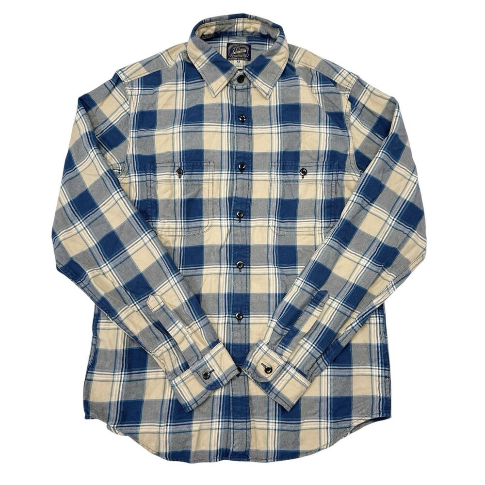 J Crew Button Up Shirt Mens Size Medium Slim Blue Tan Plaid Chest Pockets Casual